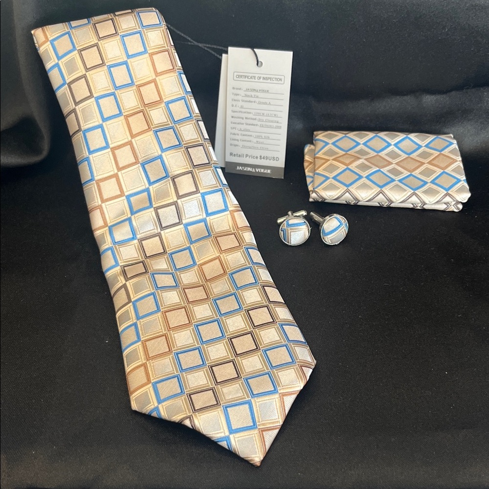 Men's Geometric Tie Set - Blue and Brown-NwT